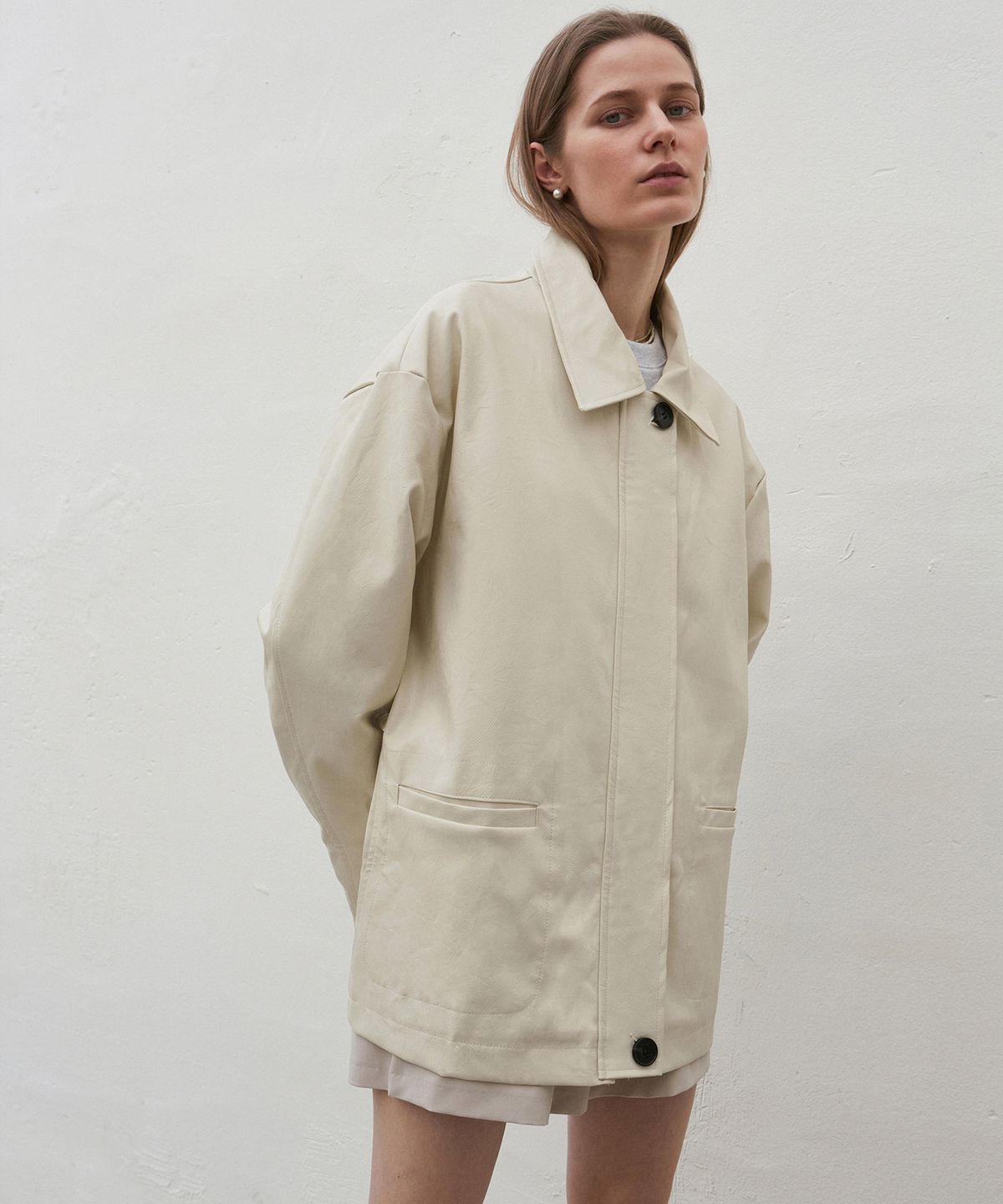 닉앤니콜(NICK&NICOLE) MID FAUX LEATHER JACKET_CREAM