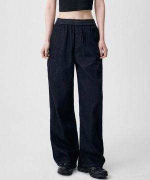 우먼즈 라이트웨이트 와이드 밴딩 데님 팬츠 [딥 인디고]