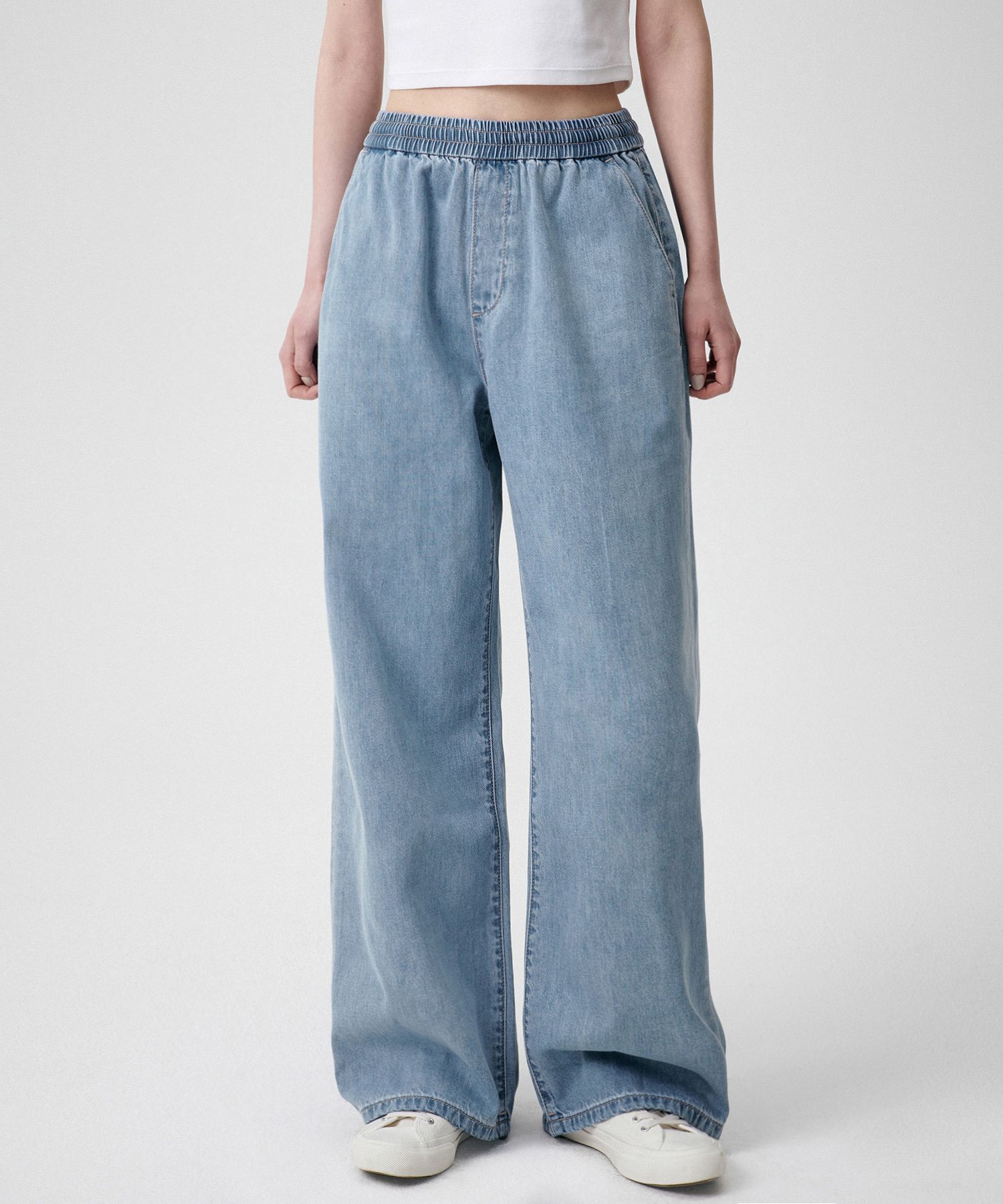 Women's lightweight wide banding denim pants [light indigo]