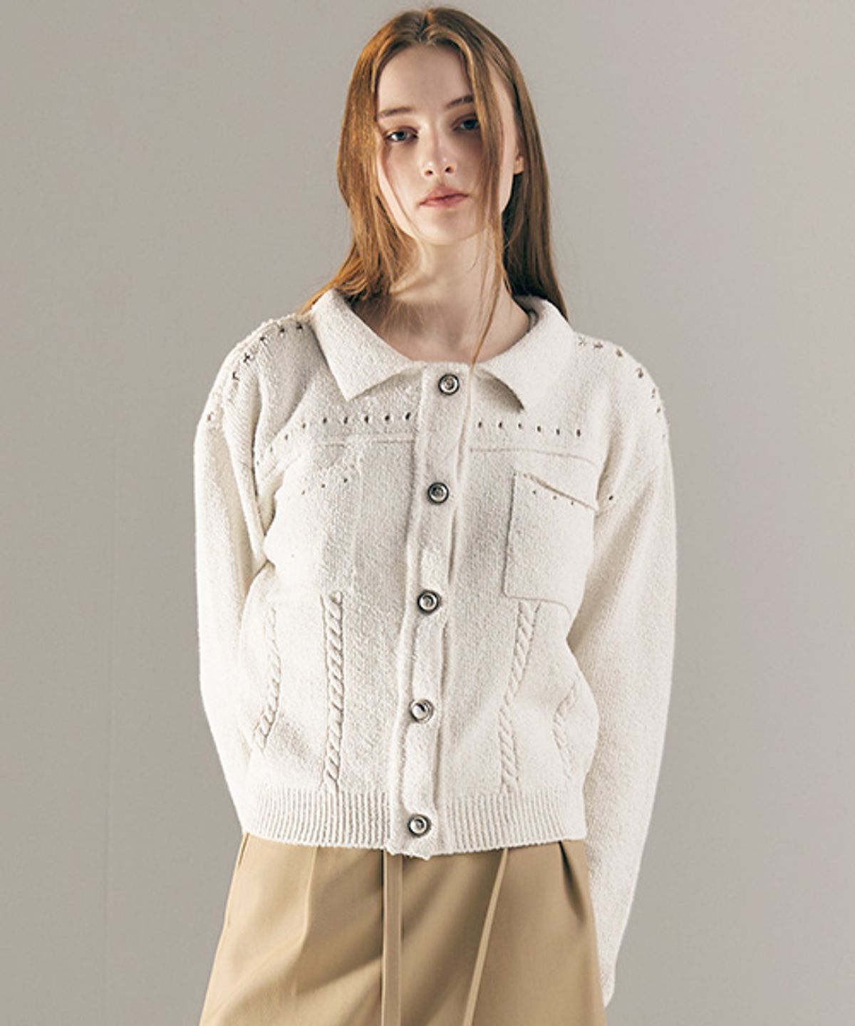아바몰리(AVA MOLLI) Trucker Detail Knit Cardigan (IVORY)