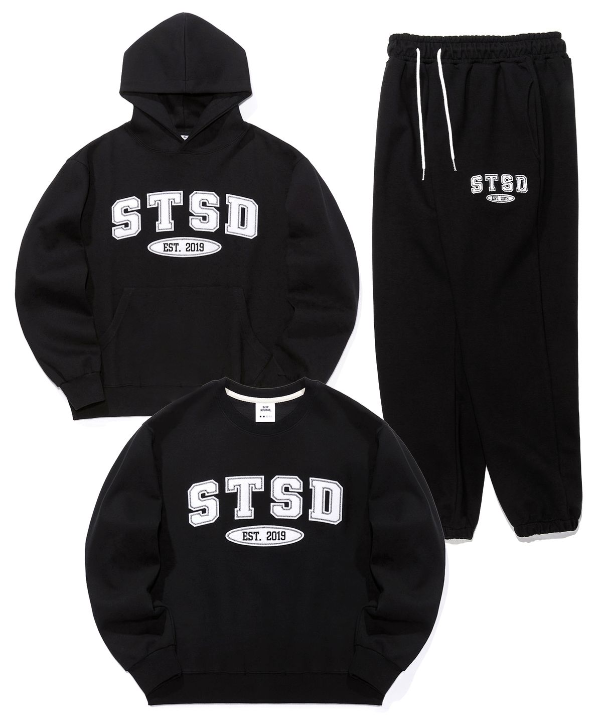 에스릿 스튜디오(SLIT STUDIO) [SET] STSD 아치 로고 스웨트 셔츠 후드 조거팬츠 셋업 2P  블랙
