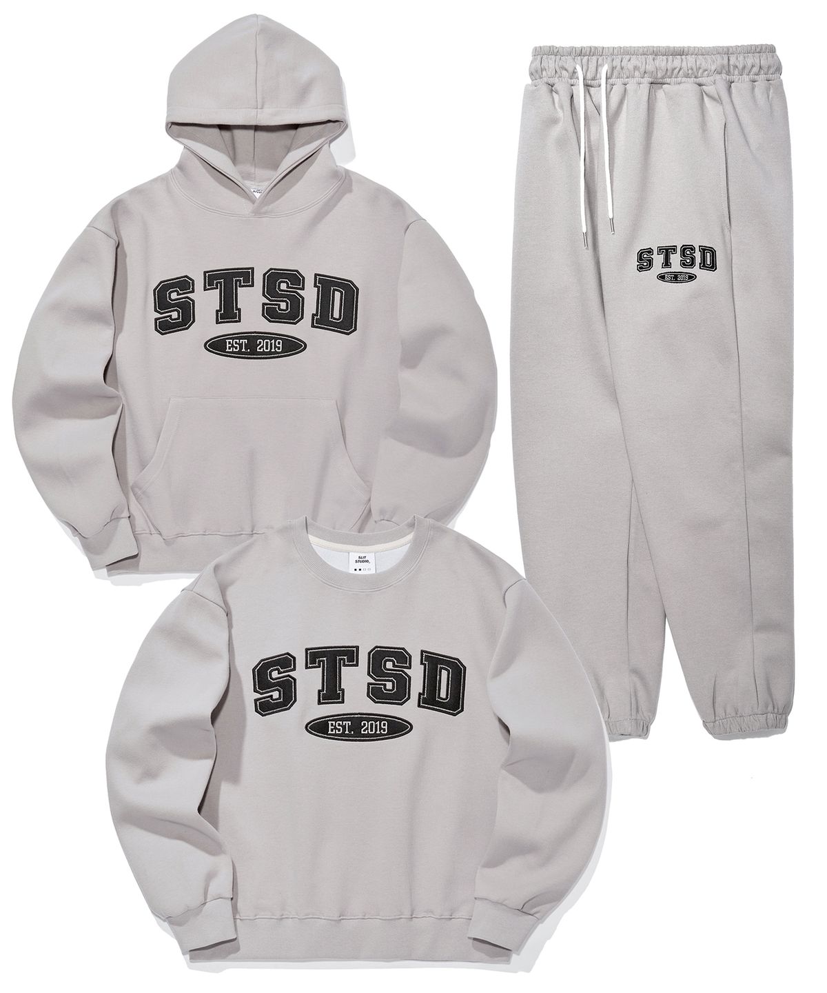 에스릿 스튜디오(SLIT STUDIO) [SET] STSD 아치 로고 스웨트 셔츠 후드 조거팬츠 셋업 2P  그레이
