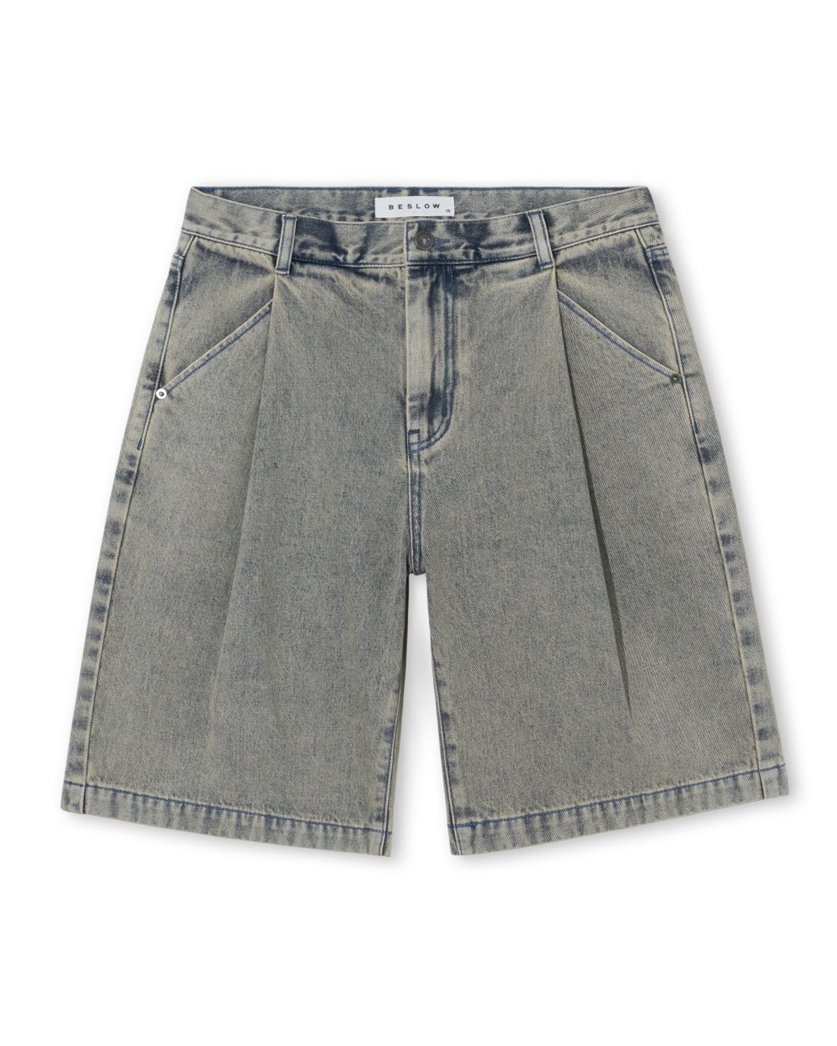 비슬로우(BESLOW) DEEP ONE TUCK SAND WASHED DENIM SHORTS SAND INDIGO