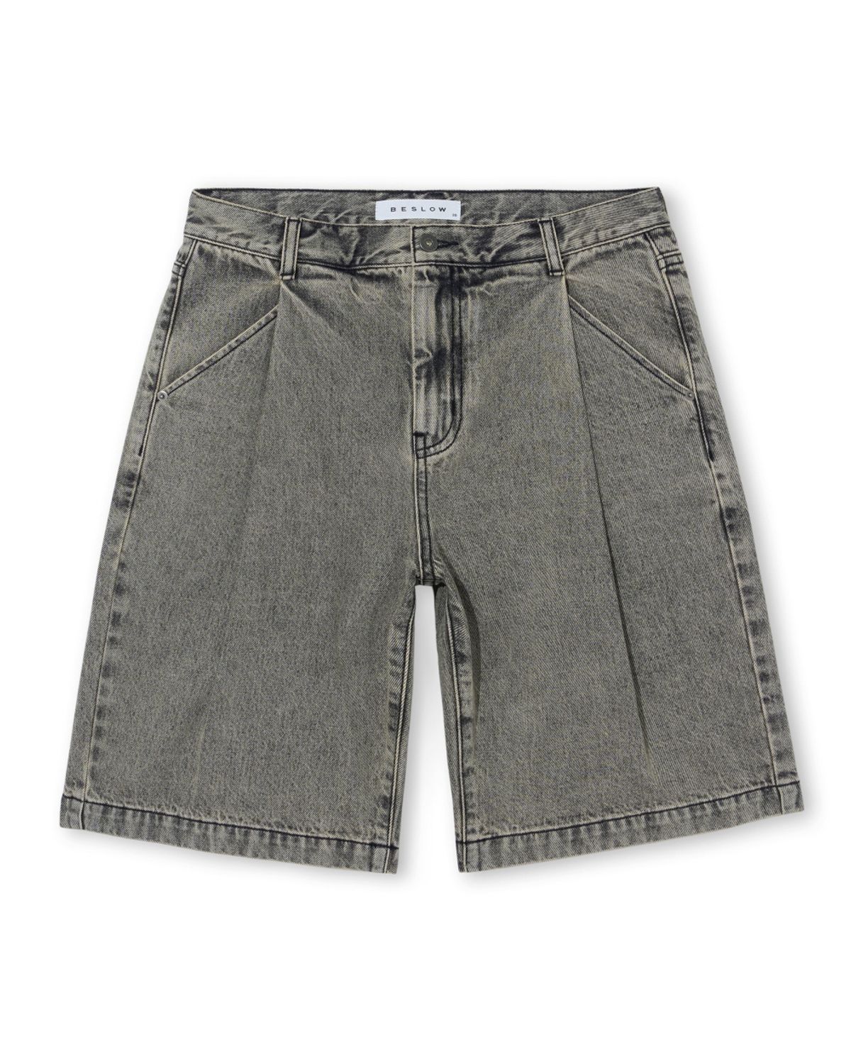 비슬로우(BESLOW) DEEP ONE TUCK SAND WASHED DENIM SHORTS SAND BLACK