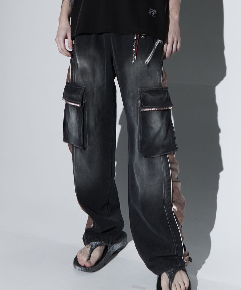 WRINKLE MIXED CARGO DENIM PANTS - BK