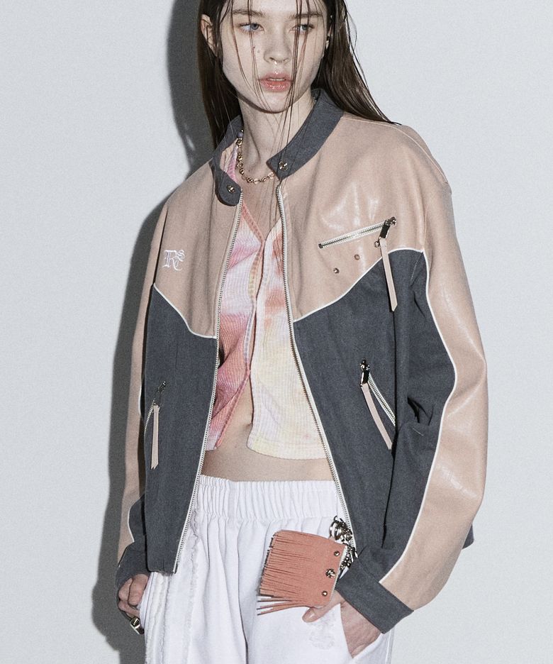 LEATHER & DENIM BIKER JACKET - PK/GY