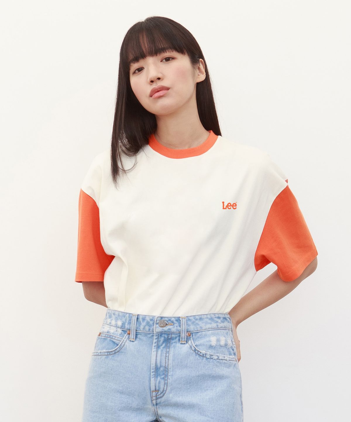 리(LEE) 스몰 트위치 배색 소매 반팔 티셔츠 아이보리