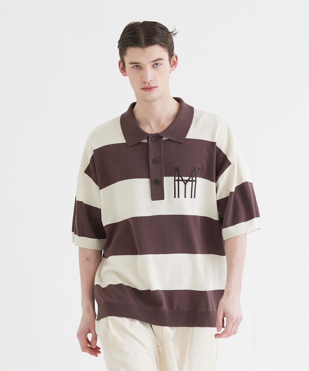 하이투(HYIIⁿ) [UNISEX] PK카라  스트라이프 니트 스웨터 브라운