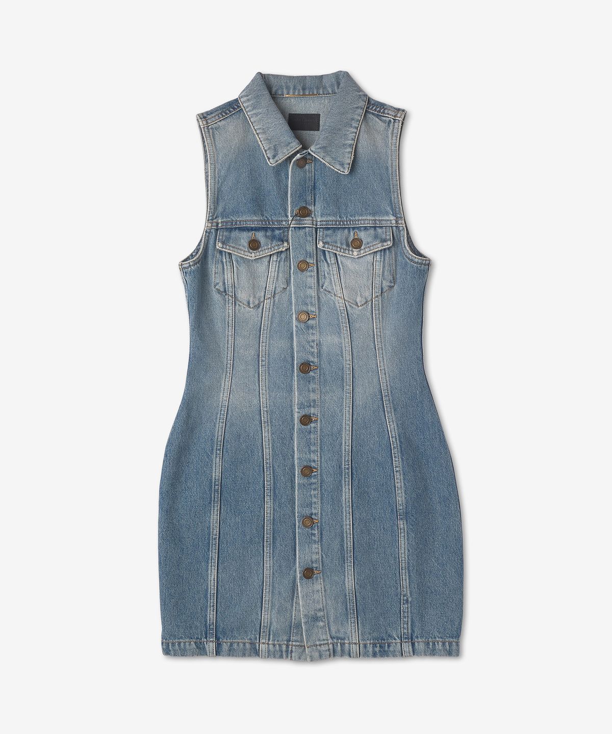 생로랑(SAINT LAURENT) 패서디나 슬리브리스 데님 원피스 - 워시드 블루 / 696374Y04PA4913