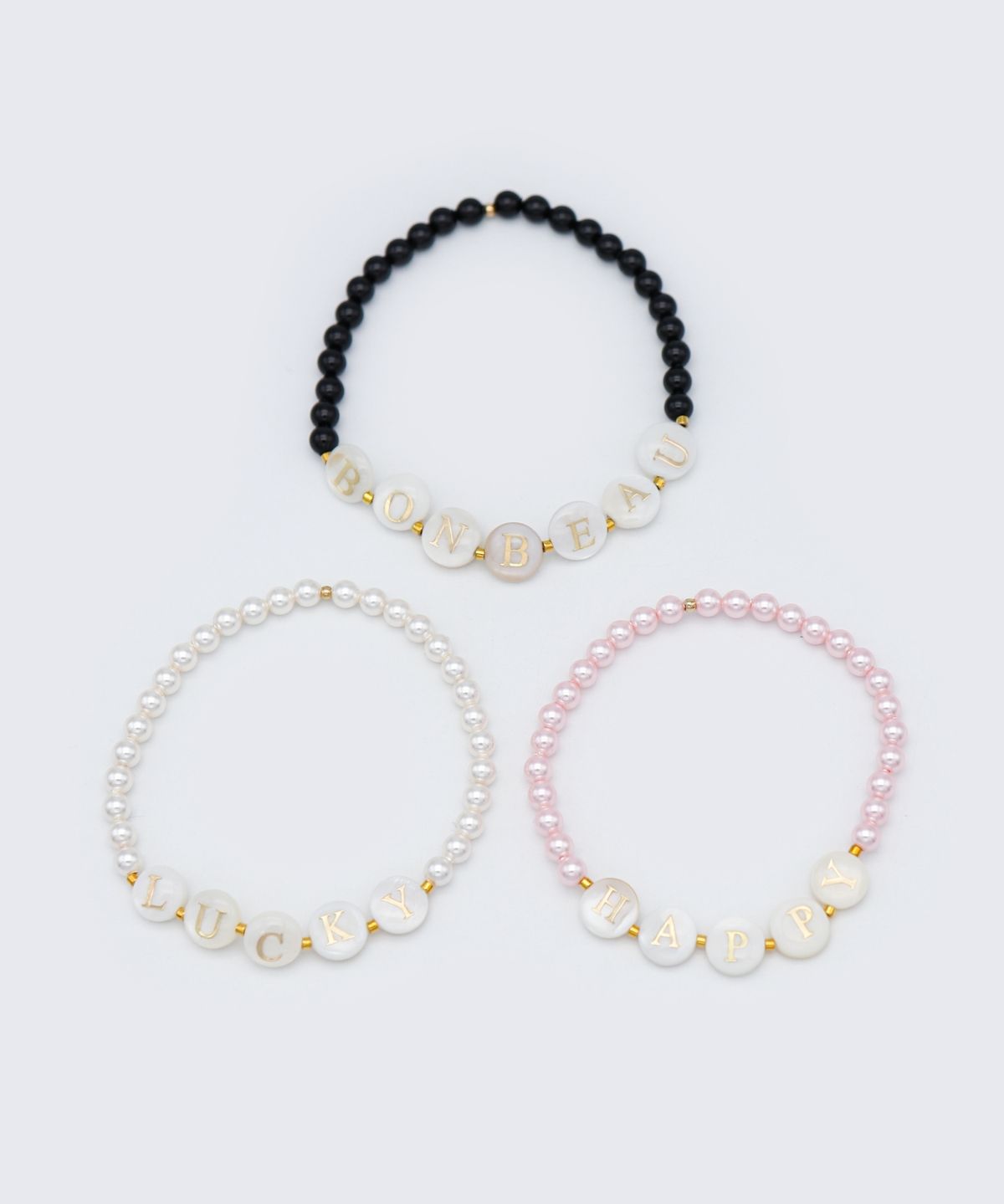 봉보(BONBEAU) Swarovski pearl initial gold beads Bracelet 자개 이니셜 스와로브스키 진주 비즈 팔찌