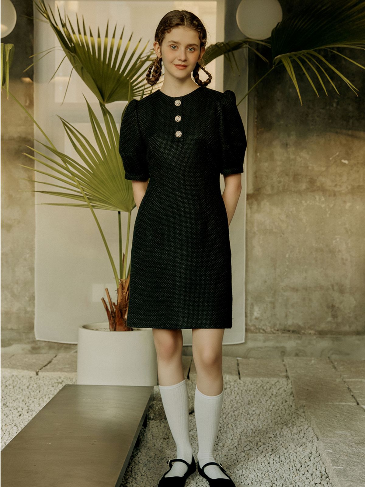 셀리테일즈(CELITAILS) PUFF TWEED DRESS_STRONG BLACK