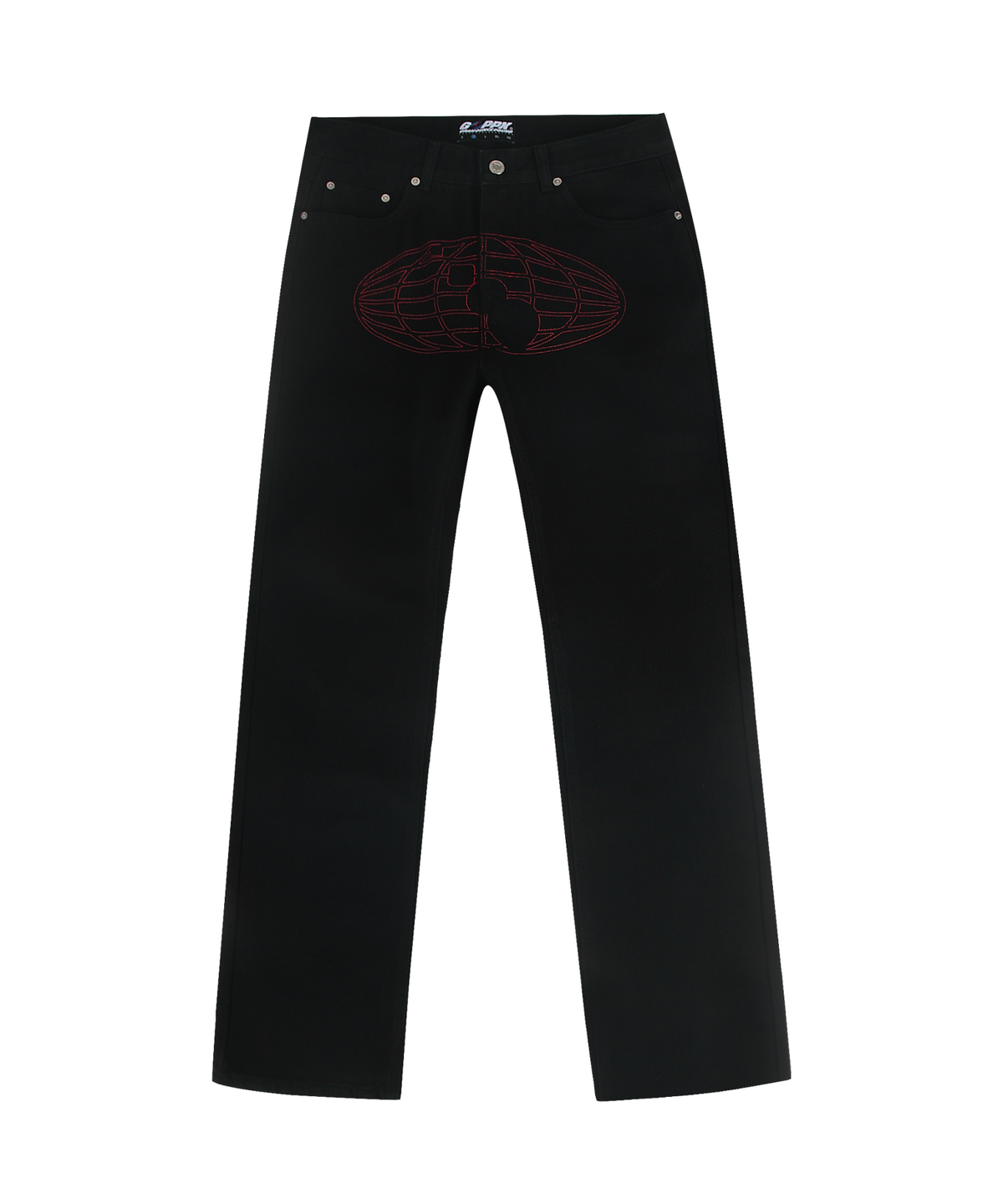 그램 아운스 파운드(GRAM OUNCE POUND) RA Globe Oval Logo Black Jeans_Red Printed