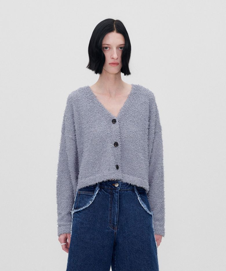 BUTTON DOWN FUZZY KNIT CARDIGAN BLUE GRAY