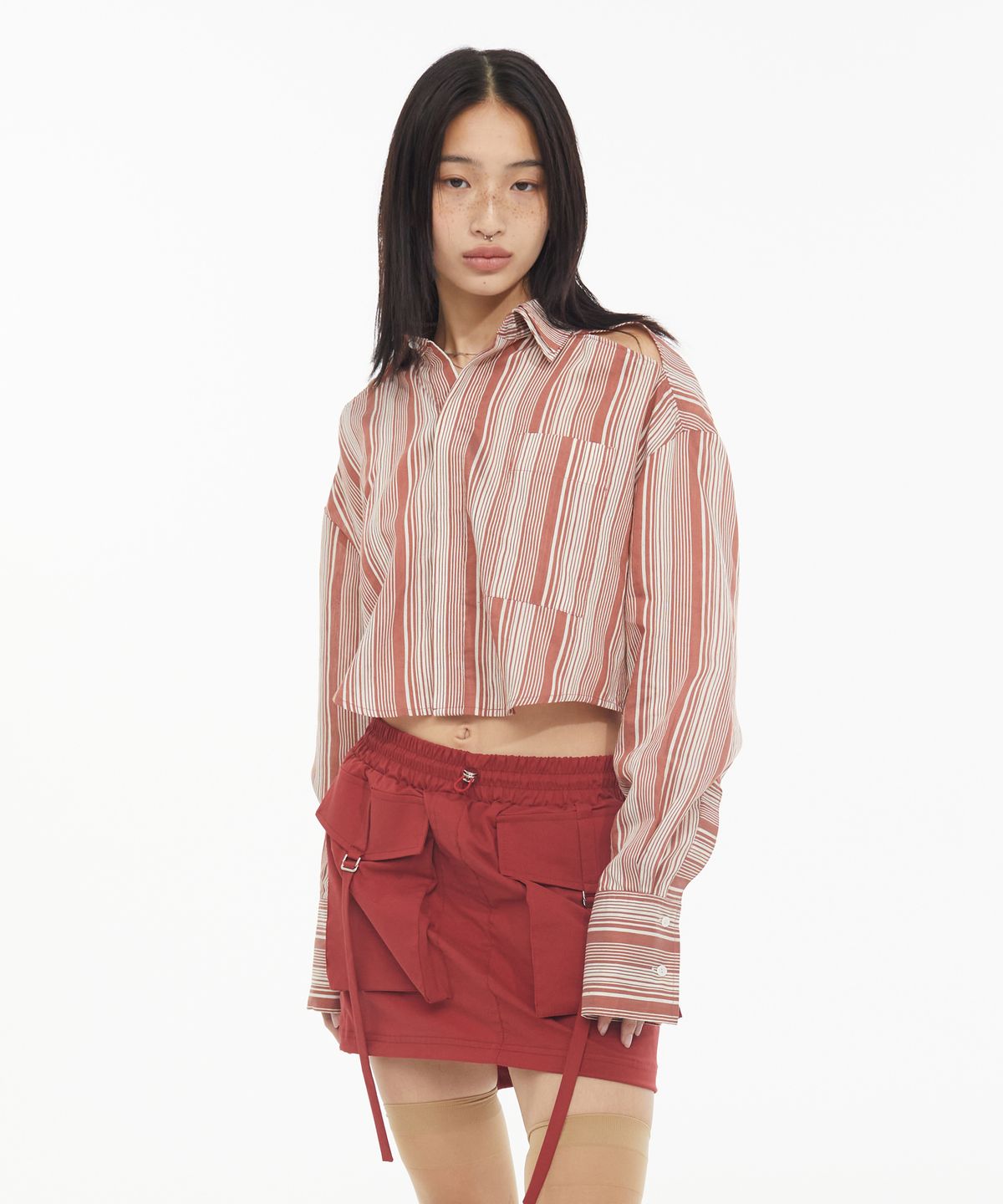 쿄(KYO) 더블 카라 크롭 린넨 셔츠 브릭