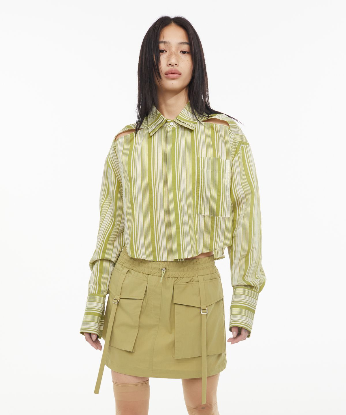 쿄(KYO) 더블 카라 크롭 린넨 셔츠 올리브