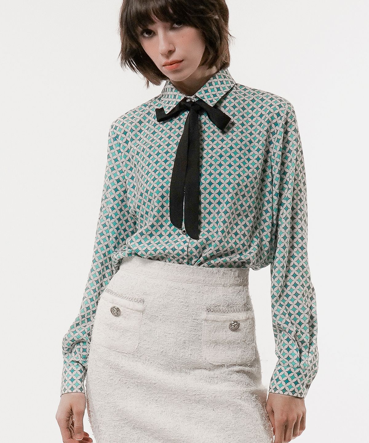 언티지(UNTAGE) 레트로 B 블록 프린트 셔츠[Green(UNISEX)]_UTS-FS27