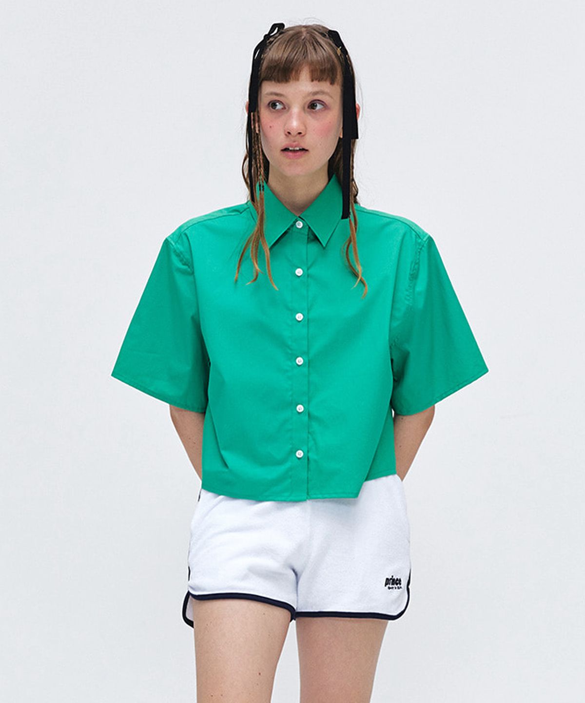이지오 우먼(EZIO WOMEN) Wide Cropped Half Shirt_Green