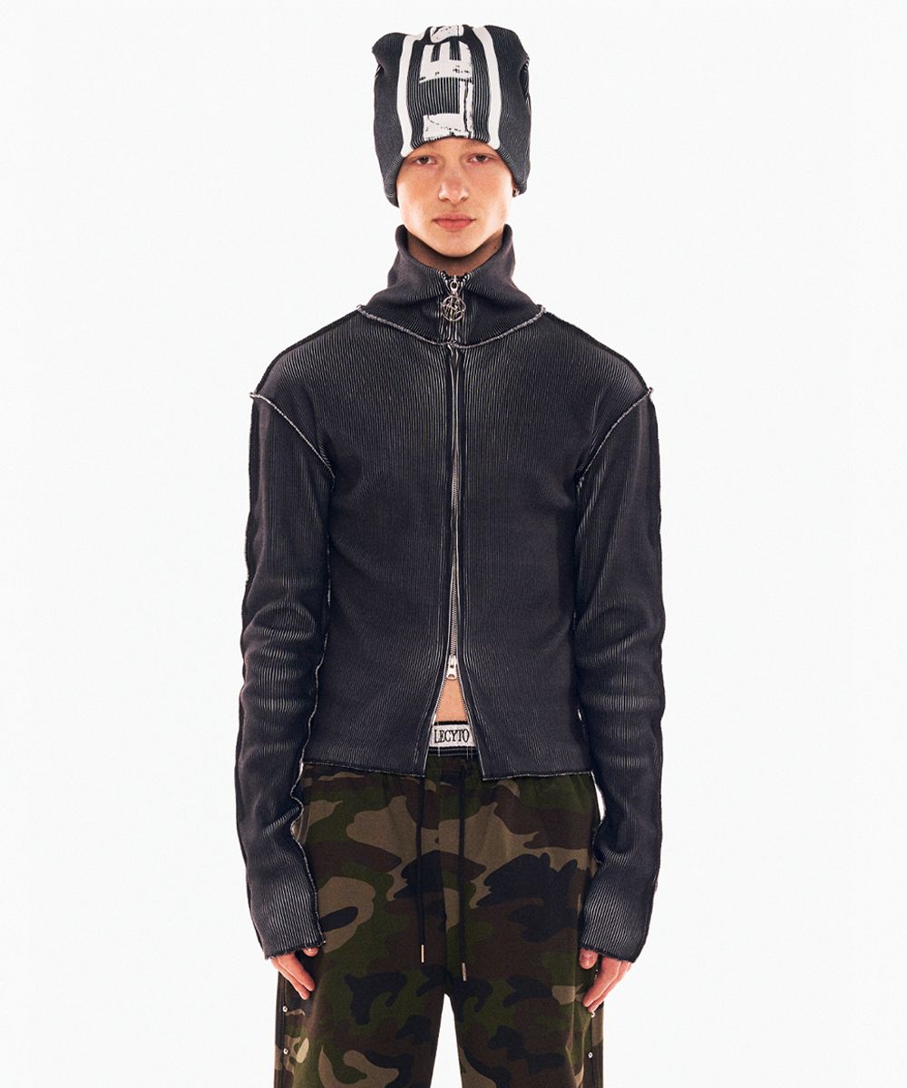 MUSINSA公式 | LECYTO RIBBED PRINT NECK ZIP UP_[BLACK]
