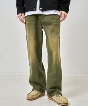 오일 워싱 와이드 데님 팬츠 카키