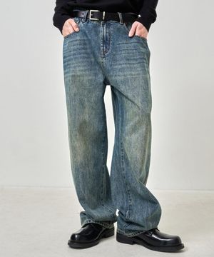오일 워싱 와이드 데님 팬츠 블루