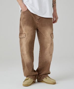 스톤워싱 와이드 카고 데님 팬츠 브라운