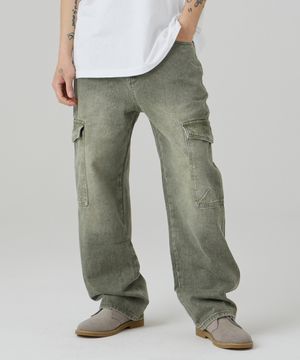 [썸머ver추가]스톤워싱 와이드 카고 데님 팬츠 카키