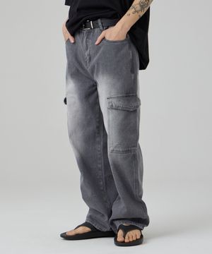 [썸머ver추가]스톤워싱 와이드 카고 데님 팬츠 차콜