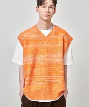 투톤 배색 니트 베스트 오렌지