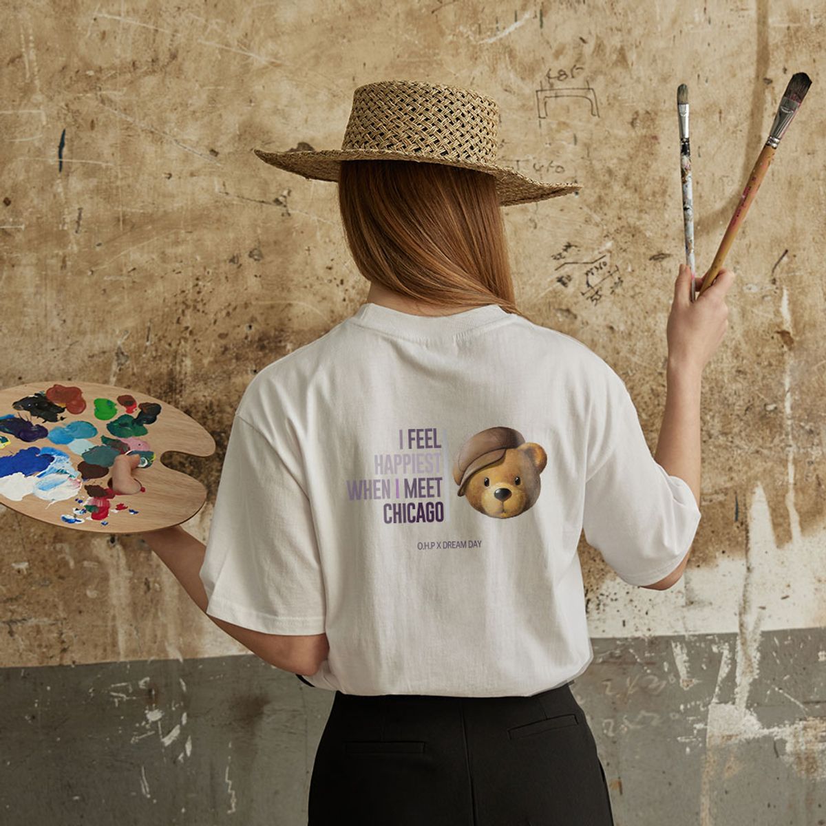 원헌드레드퍼센트 포 우먼(ONEHUNDREDPERCENT FOR WOMAN) OHP X DREAMDAY b행복한 테디 세미오버 반팔티2