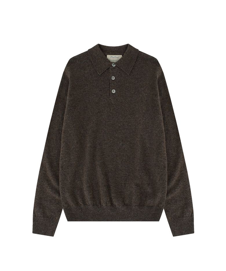 Wool Pique Long Sleeved Polo Knit (MELANGE WOOD)