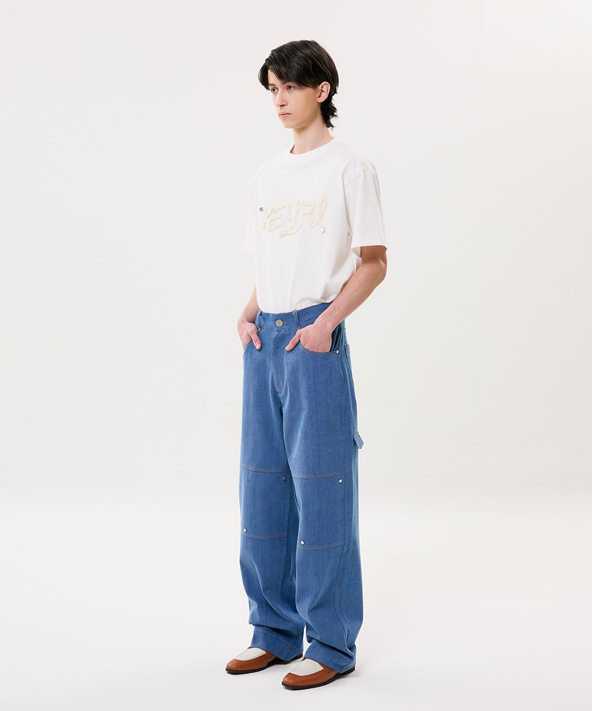 키푸(KEYPU) 리벳 디테일 와이드 데님 팬츠 (BLUE)