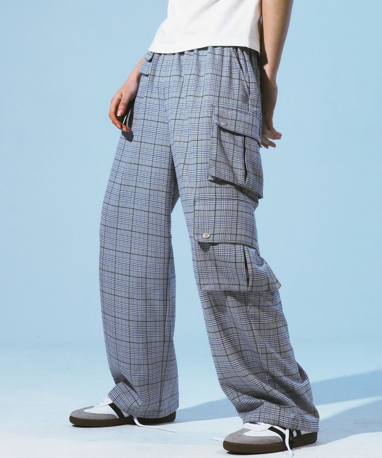 CHECK CARGO POCKET STRING PANTS BLUE