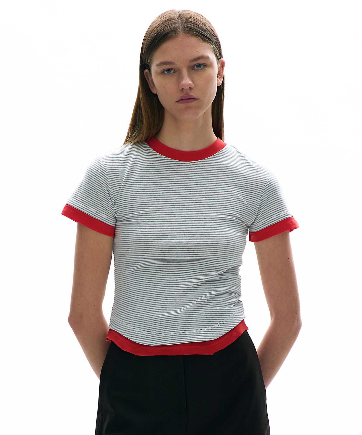 [PARTIMENTO]STRIPE DOUBLE LAYERED SHORT SLEEVE TEE★人気★ MUSINSA | PARTIMENTO WOMEN Stripe Double Layered Short