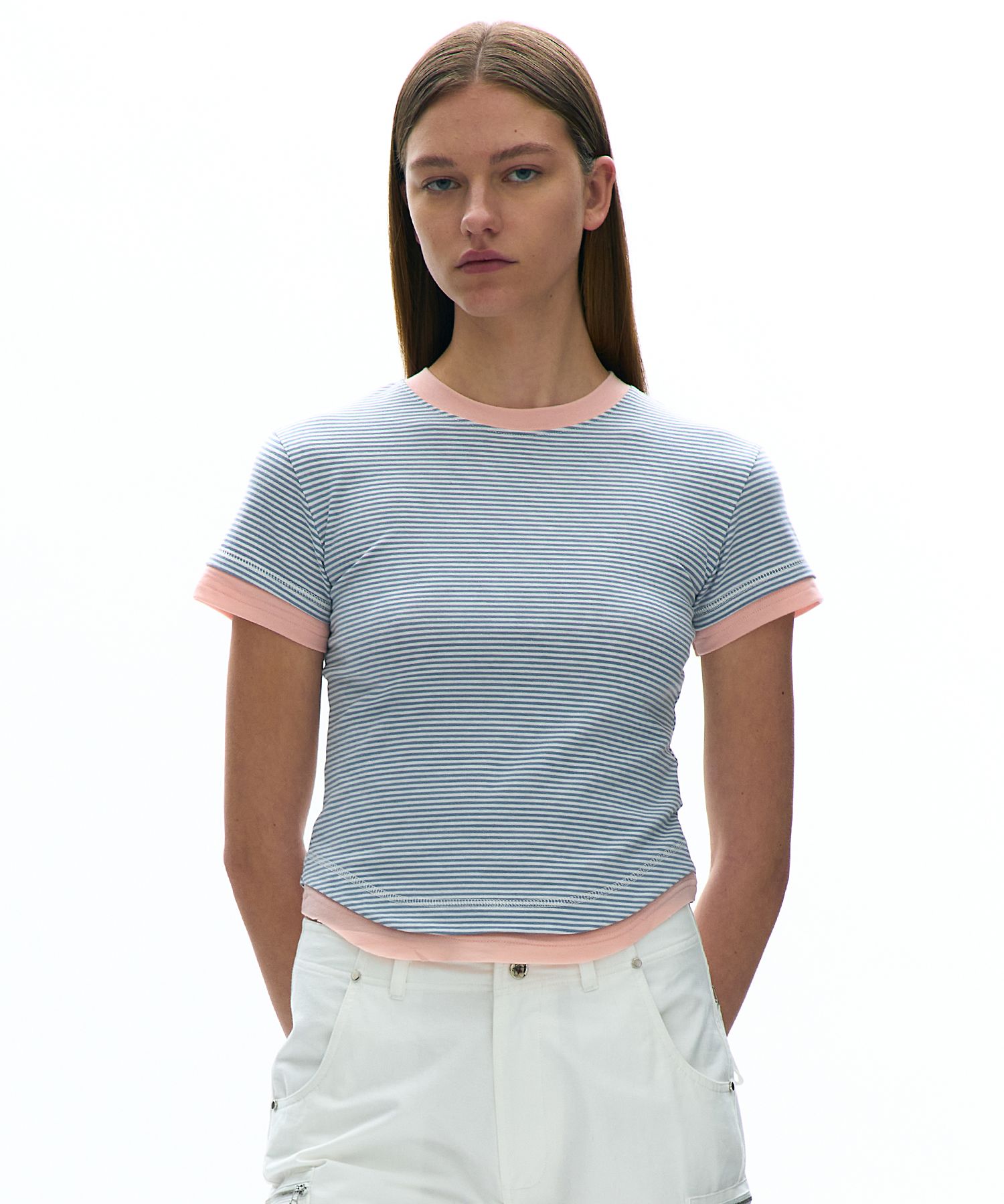 [PARTIMENTO]STRIPE DOUBLE LAYERED SHORT SLEEVE TEE★人気★ MUSINSA | PARTIMENTO WOMEN Stripe Double Layered Short