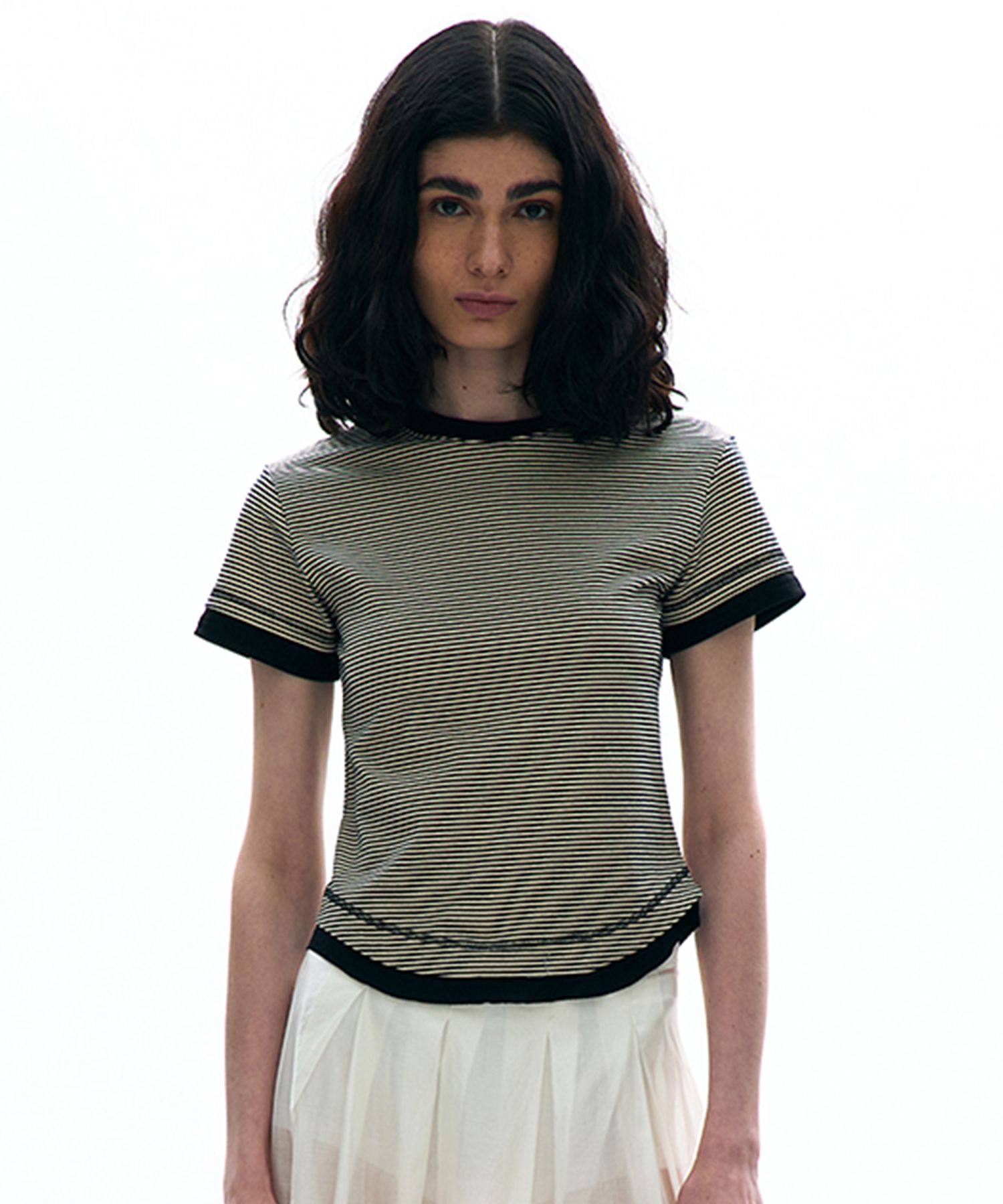 [PARTIMENTO]STRIPE DOUBLE LAYERED SHORT SLEEVE TEE★人気★ MUSINSA | PARTIMENTO WOMEN Stripe Double Layered Short