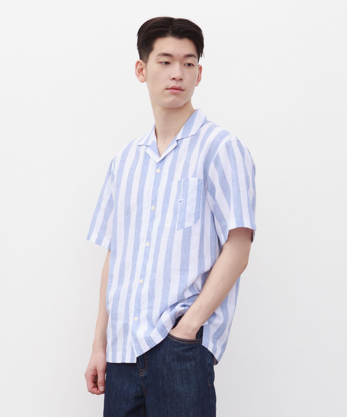 리(LEE) 오픈카라 린넨 셔츠 블루