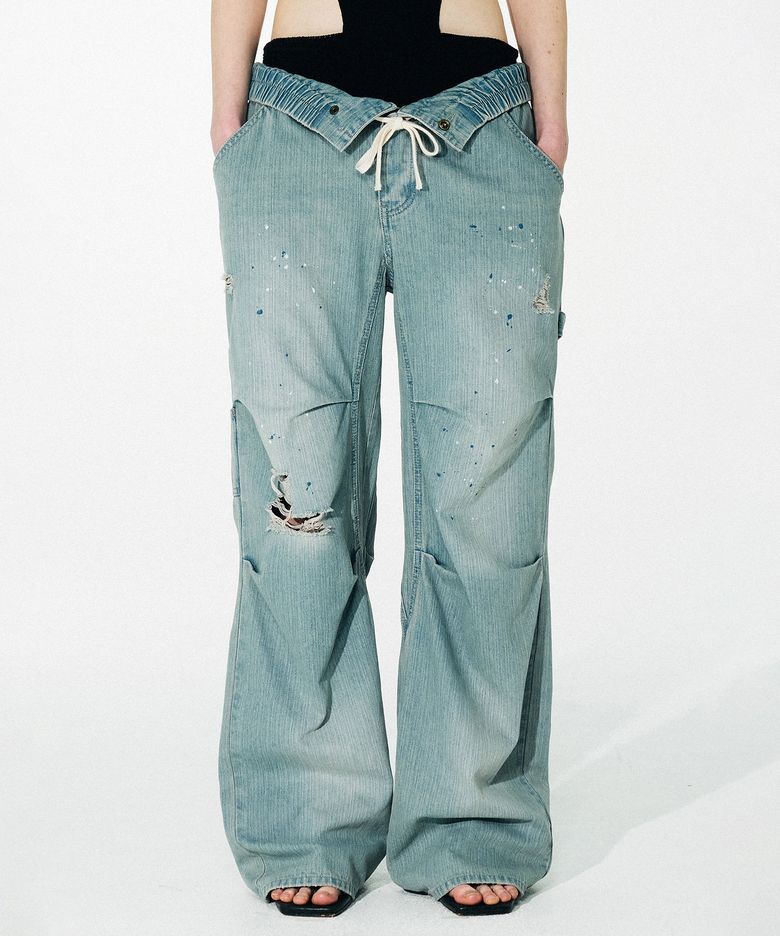 Folding Waist Denim Pants Ice Denim