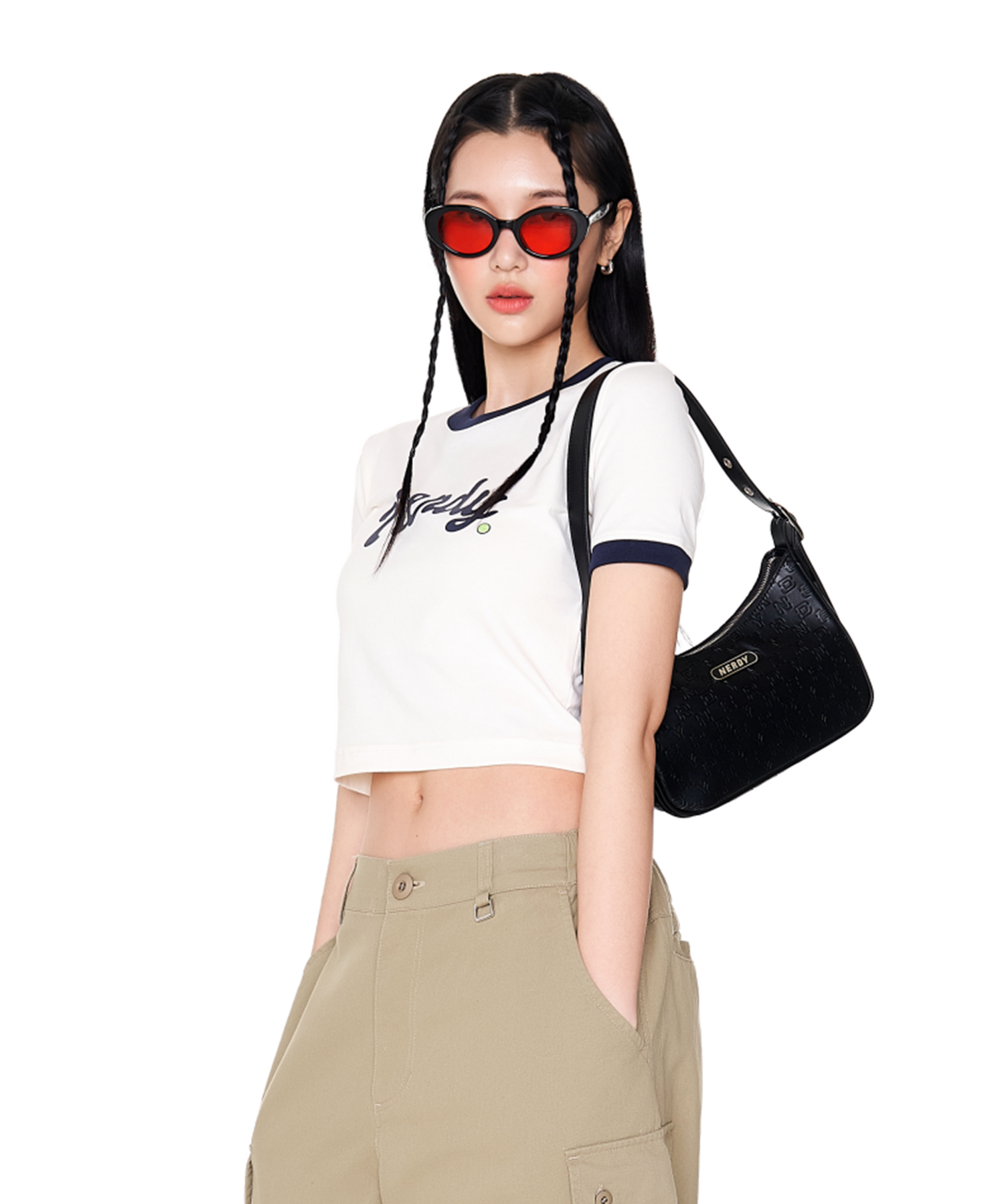 MUSINSA | NERDY Women's Cursive Logo Ringer Crop Short