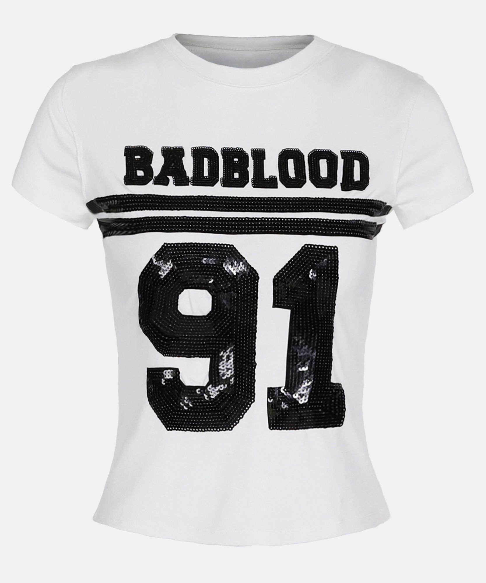 ★関税込★BADBLOOD★Sequin Logo Short Sleeve Baby Fit★ MUSINSA | BADBLOOD Sequin Logo Short Sleeve Baby Fit - White