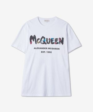 그래피티 로고 프린트 반소매 티셔츠 - 화이트 / 727285QUZ220900
