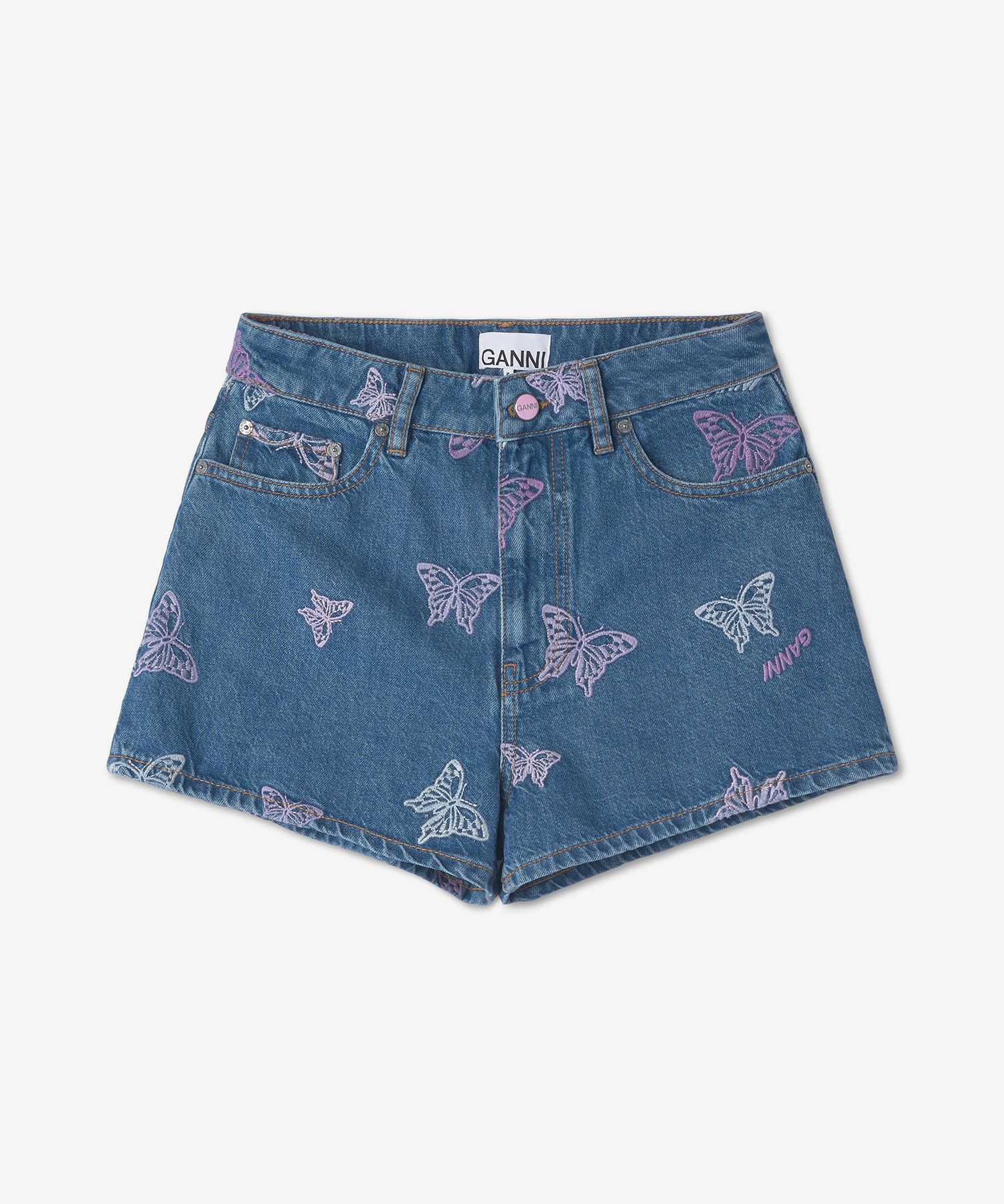 MUSINSA | GANNI Butterfly Logo Denim Shorts - Denim / J1182630