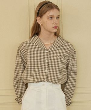 마린 카라 체크 셔츠 - 베이지