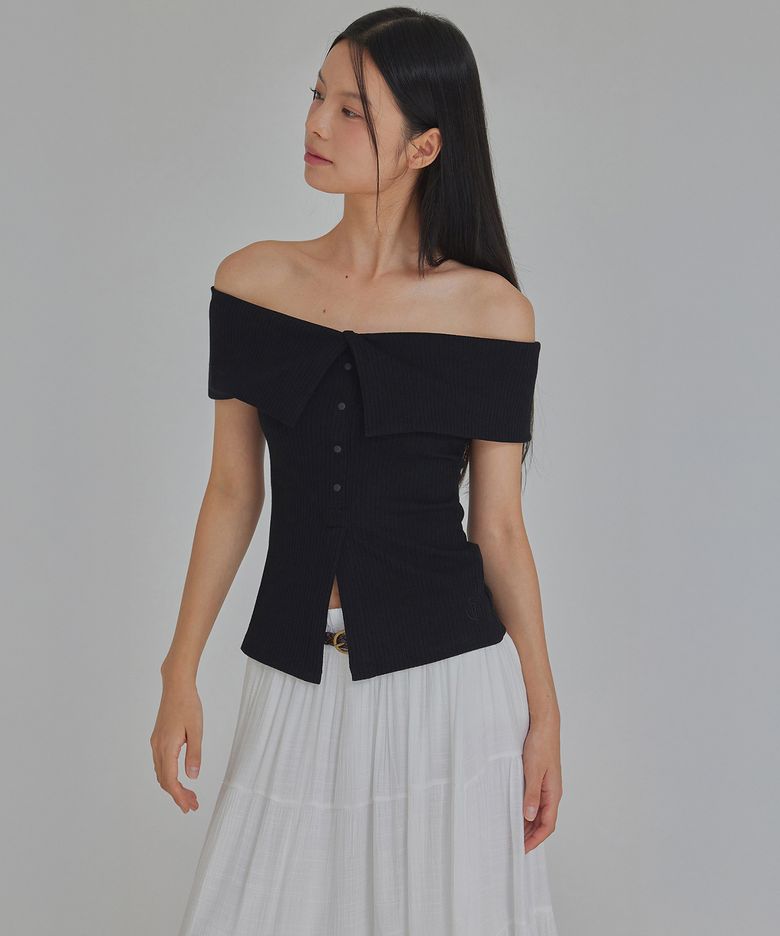 RIBBED BUTTON-DOWN OFF SHOULDER TOP_T316TP128