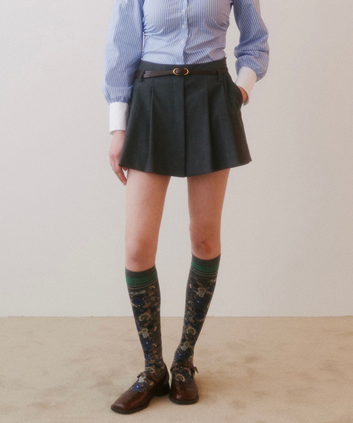 그린버터(GREENBUTTER) Pintuck Pleats Skirt Pants_Belt set (Charcoal)