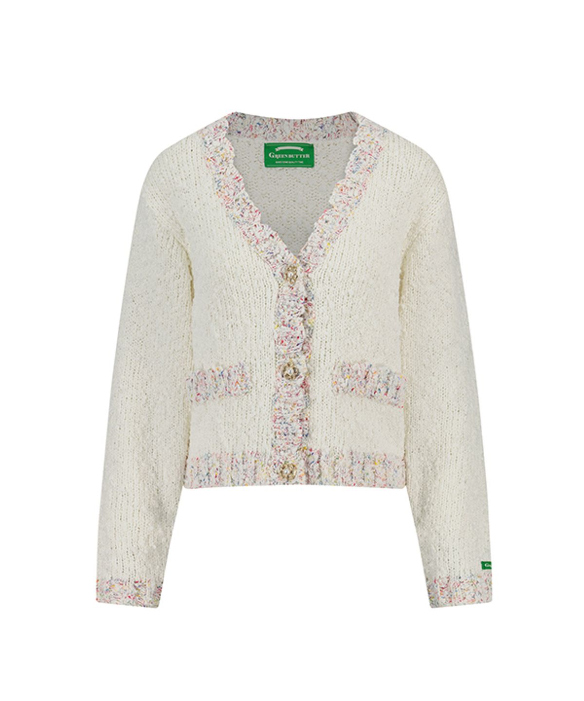 그린버터(GREENBUTTER) Flower Pearl Button Boucle Tweed Cardigan (Ivory)