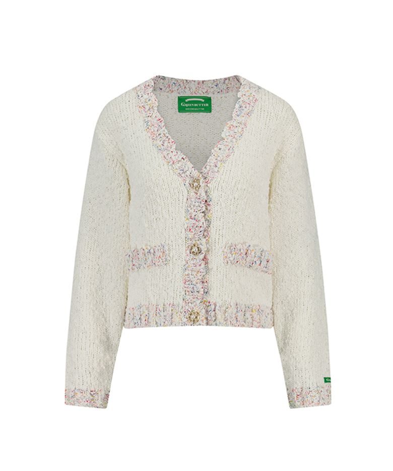 Flower Pearl Button Boucle Tweed Cardigan (Ivory)