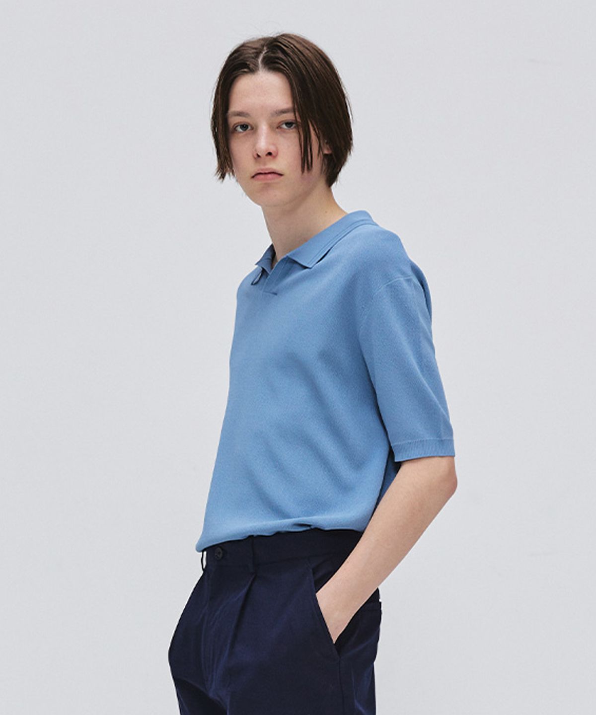 이지오(EZIO) Open Collar Half Knit_Sky Blue