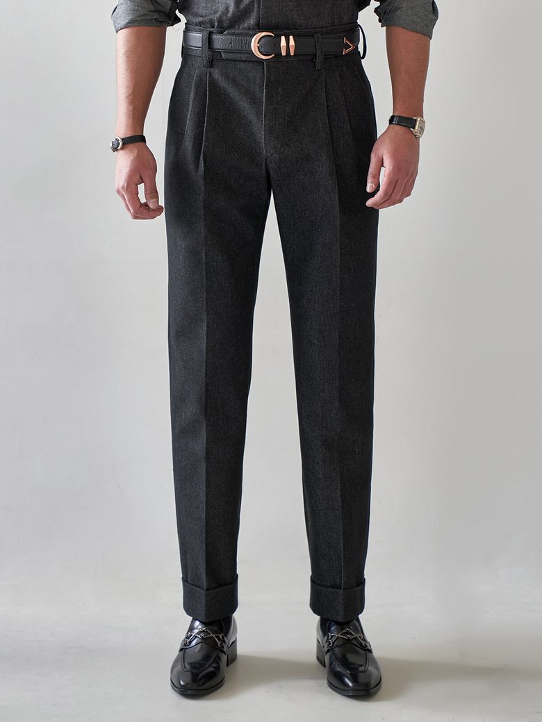 Two Pleats Denim Pants Black / ALCPT003