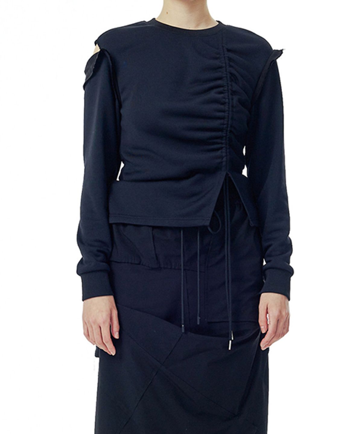 래코드(RECODE) Shirring Slit Shoulder T-shirts_RQTAS23535BKX