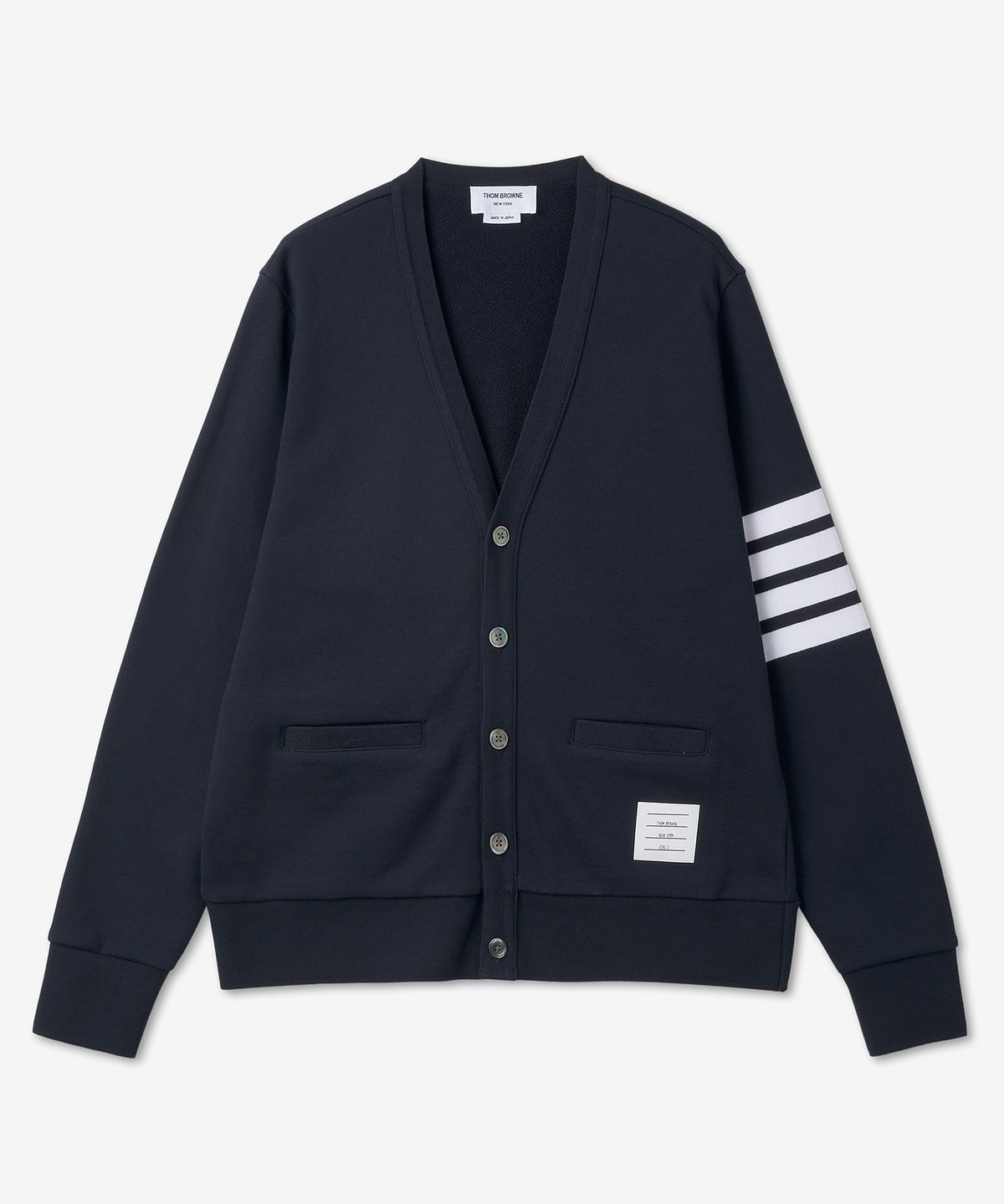 톰 브라운(THOM BROWNE) 4바 루프백 저지 브이넥 가디건 - 네이비 / MJT167A00535415